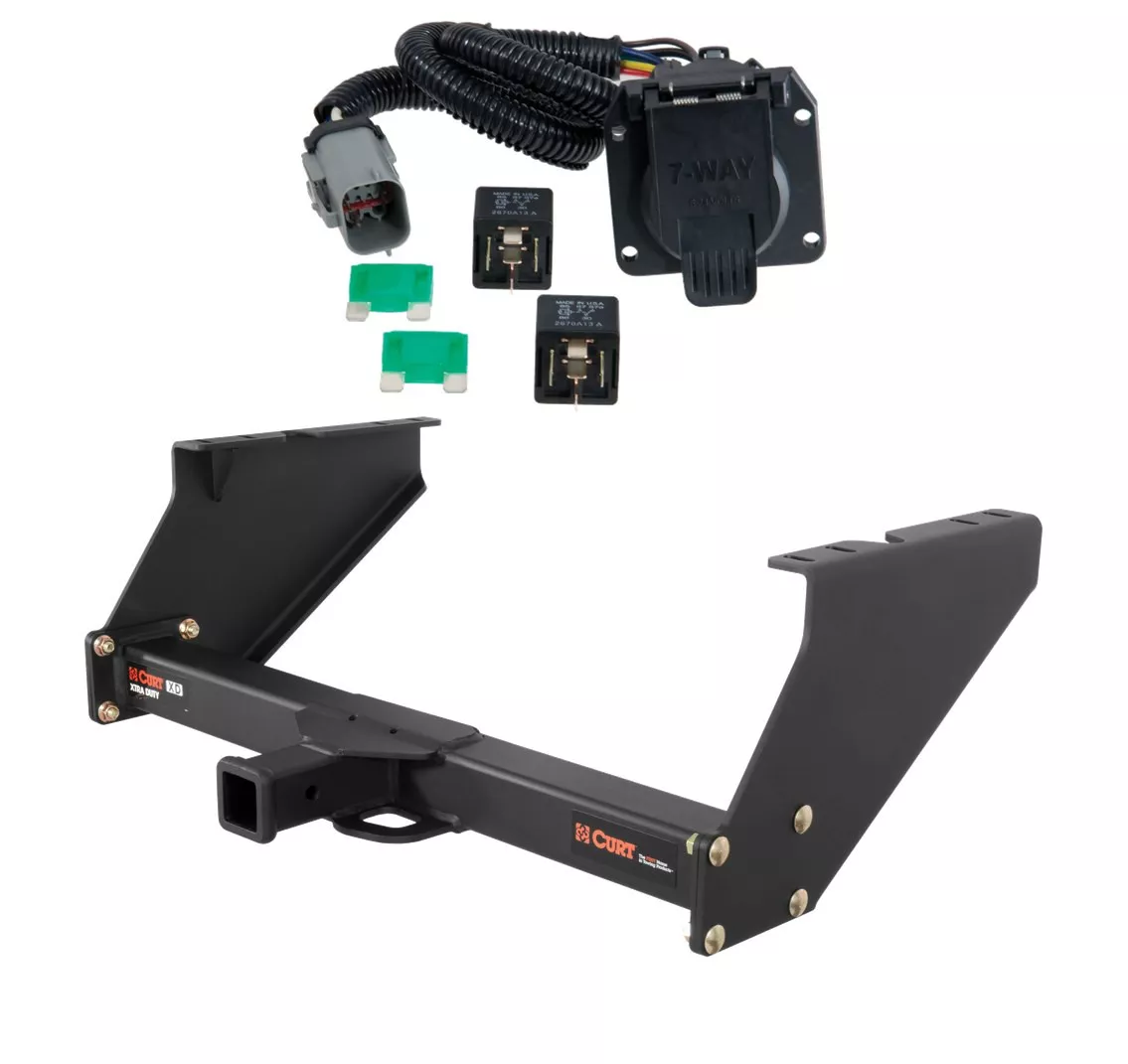 1999 - 2003 Ford F-350 Super Duty With 16" spare tire and 10" drop bumper Curt 2", Class 5 Trailer Tow Hitch + 7-way Wiring Kit 15316