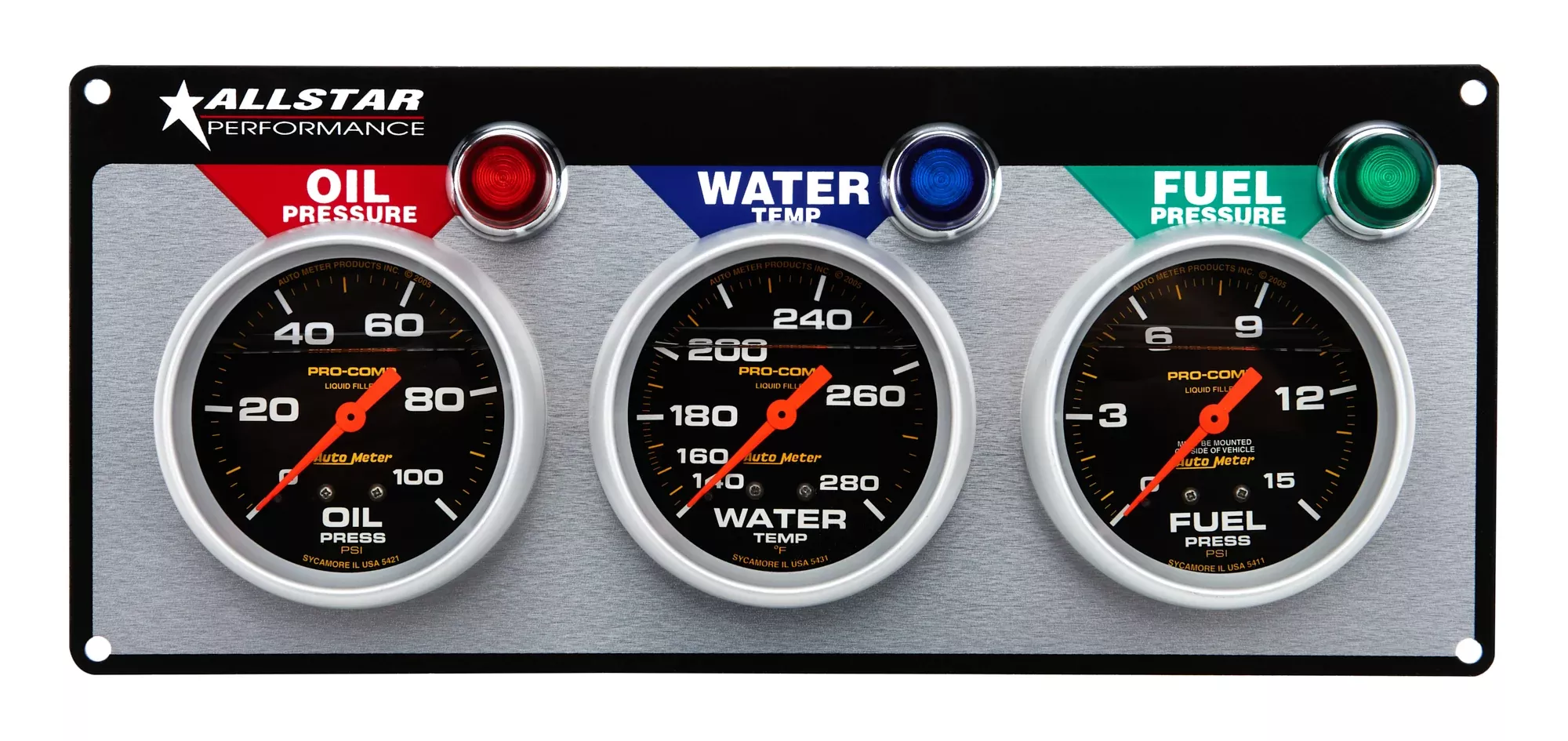 Allstar Performance AutoMeter Pro-Comp Liquid-Filled 3 Gauge Panel - WT/OP/FP