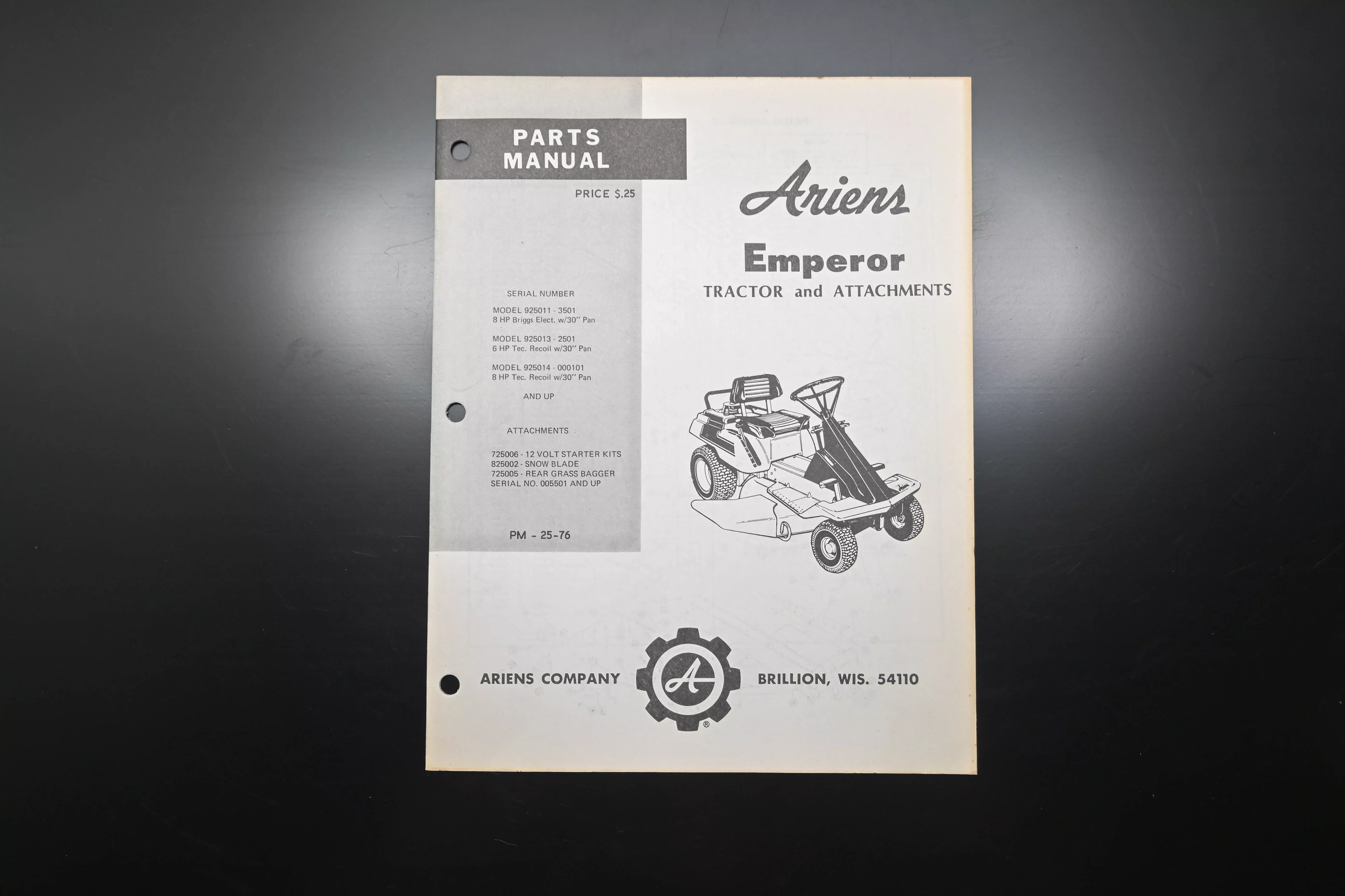 Ariens PM-25-76 Emperor Tractor & Attachments Parts Manual
