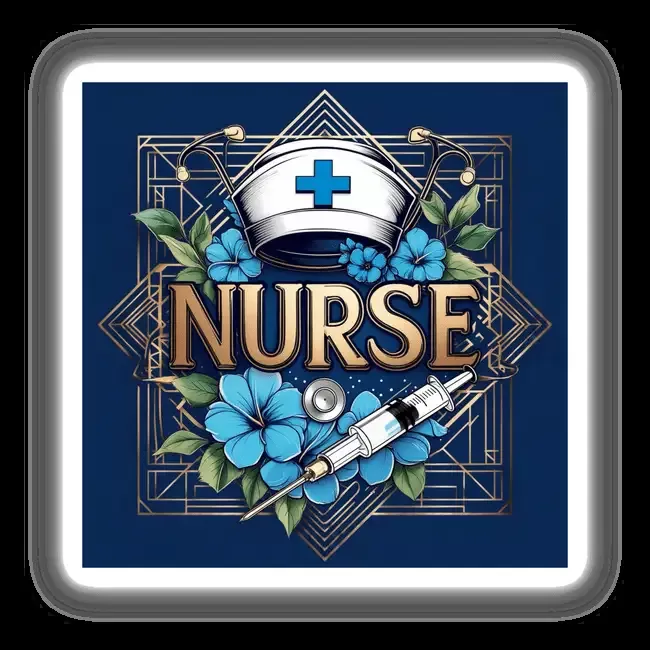 Art Deco Nurse Tribute with a Stethoscope, Blue Flowers, and Syringe