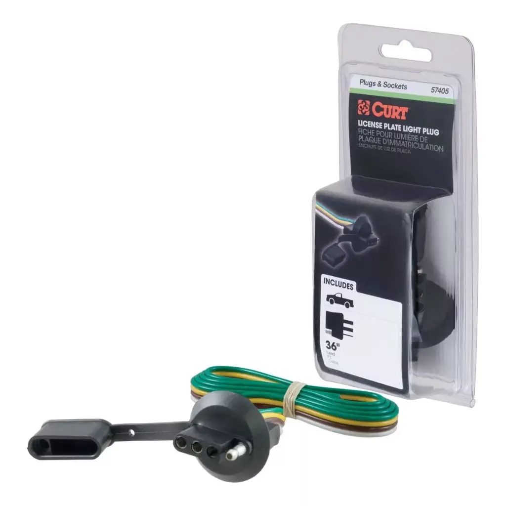 CURT 57405 4-Way Flat License Plate Light Plug Connector Socket with 36" Wires (Packaged)