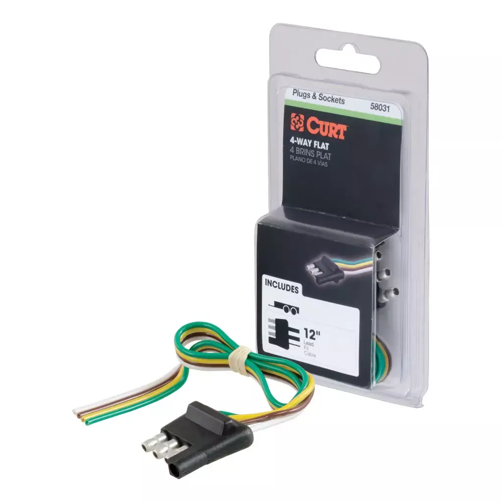 CURT 58031 4-Way Flat Connector Plug with 12" Wires (Trailer Side, Packaged)
