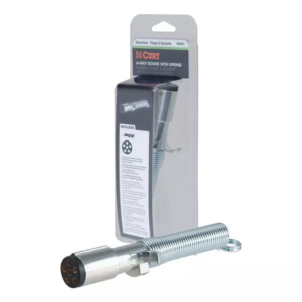 CURT 58083 6-Way Round Connector Plug with Spring (Trailer Side, Packaged)