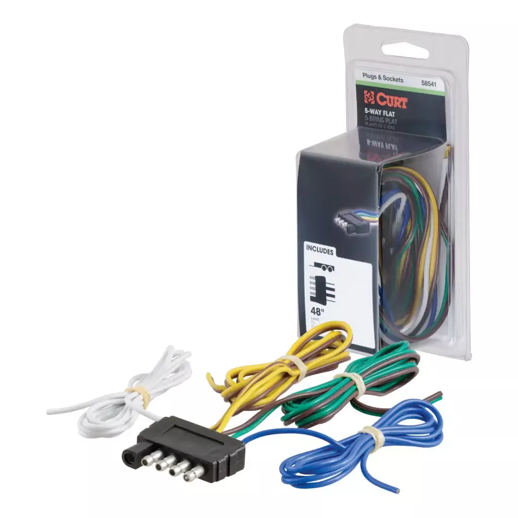 CURT 58541 5-Way Flat Connector Plug with 48" Wires (Trailer Side, Packaged)