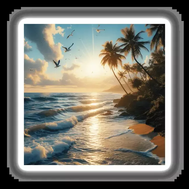 Golden Beach Sunset – Waves, Palm Trees, and Flying Seagulls