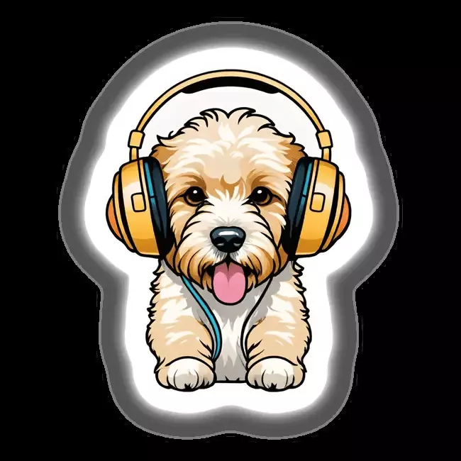 Goldendoodle dog wearing headphones