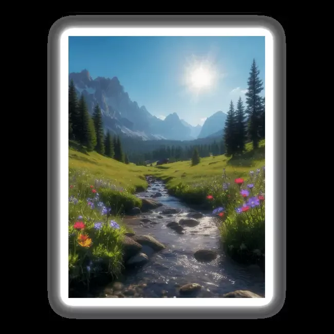 Mountain Valley with Wildflowers and Sparkling Stream Under a Bright Sun