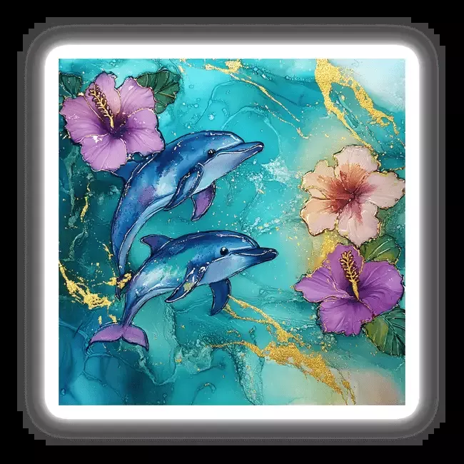 Ocean Scene with Dolphins and Hibiscus Flowers