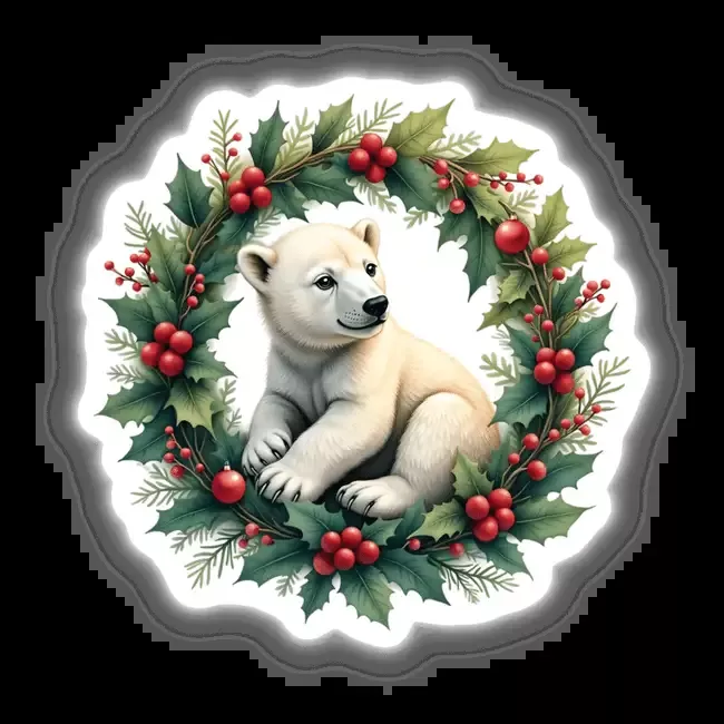 Polar Bear Cub in a Christmas Wreath
