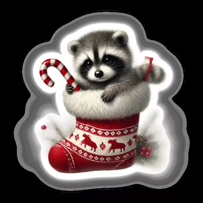 Raccoon Inside Christmas Stocking Holding a Candy Cane
