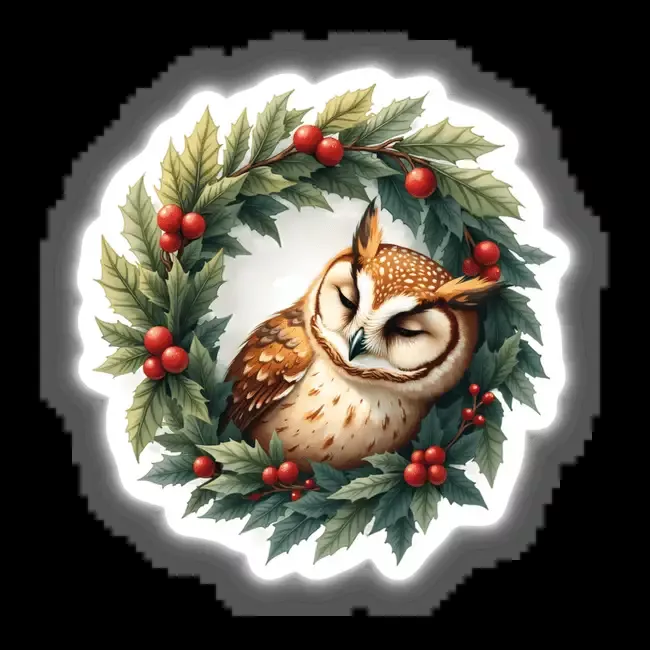 Sleepy Owl in a Christmas Wreath