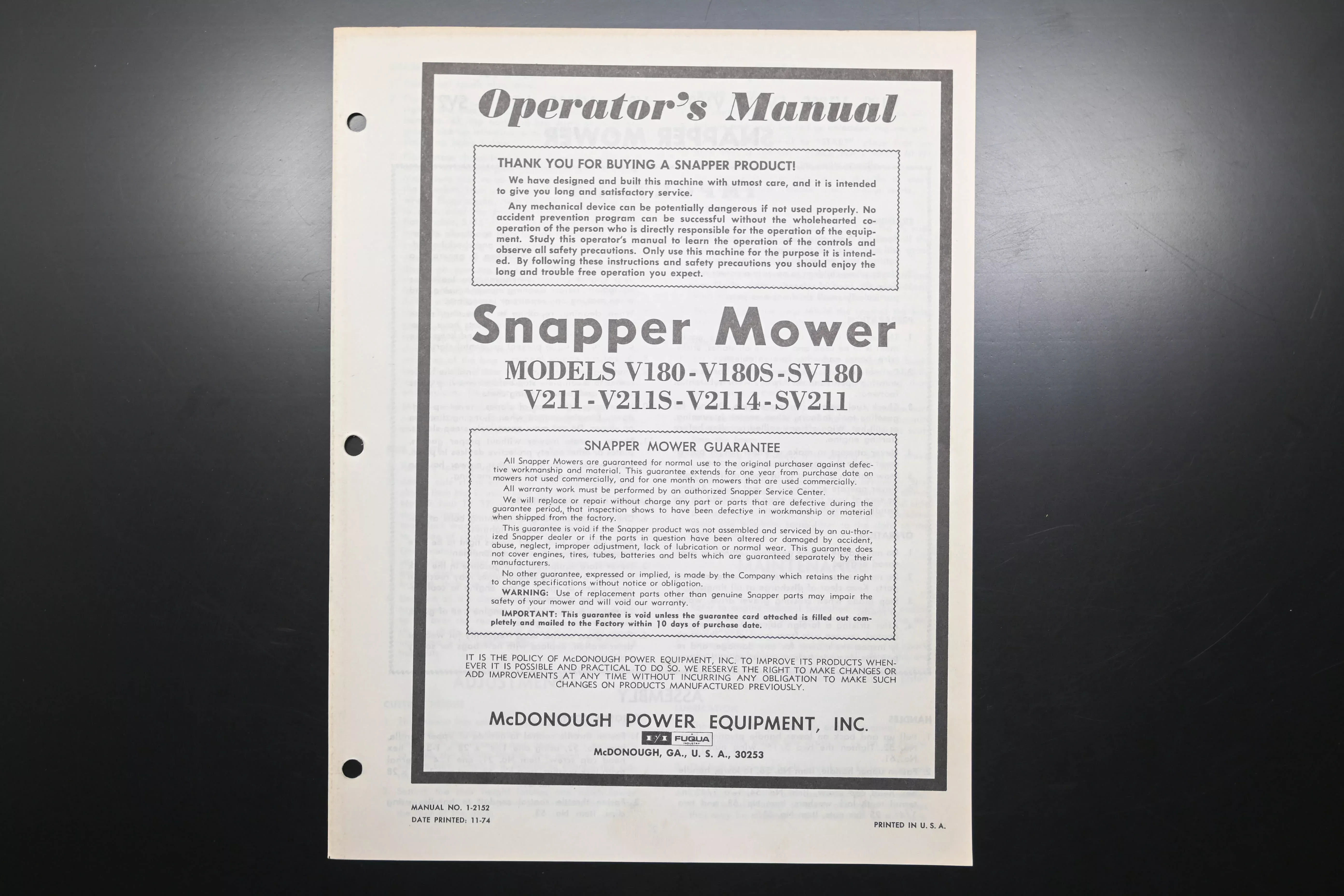 Snapper 1-2152 V180 V211 Series Lawn Mower Operator's Manual