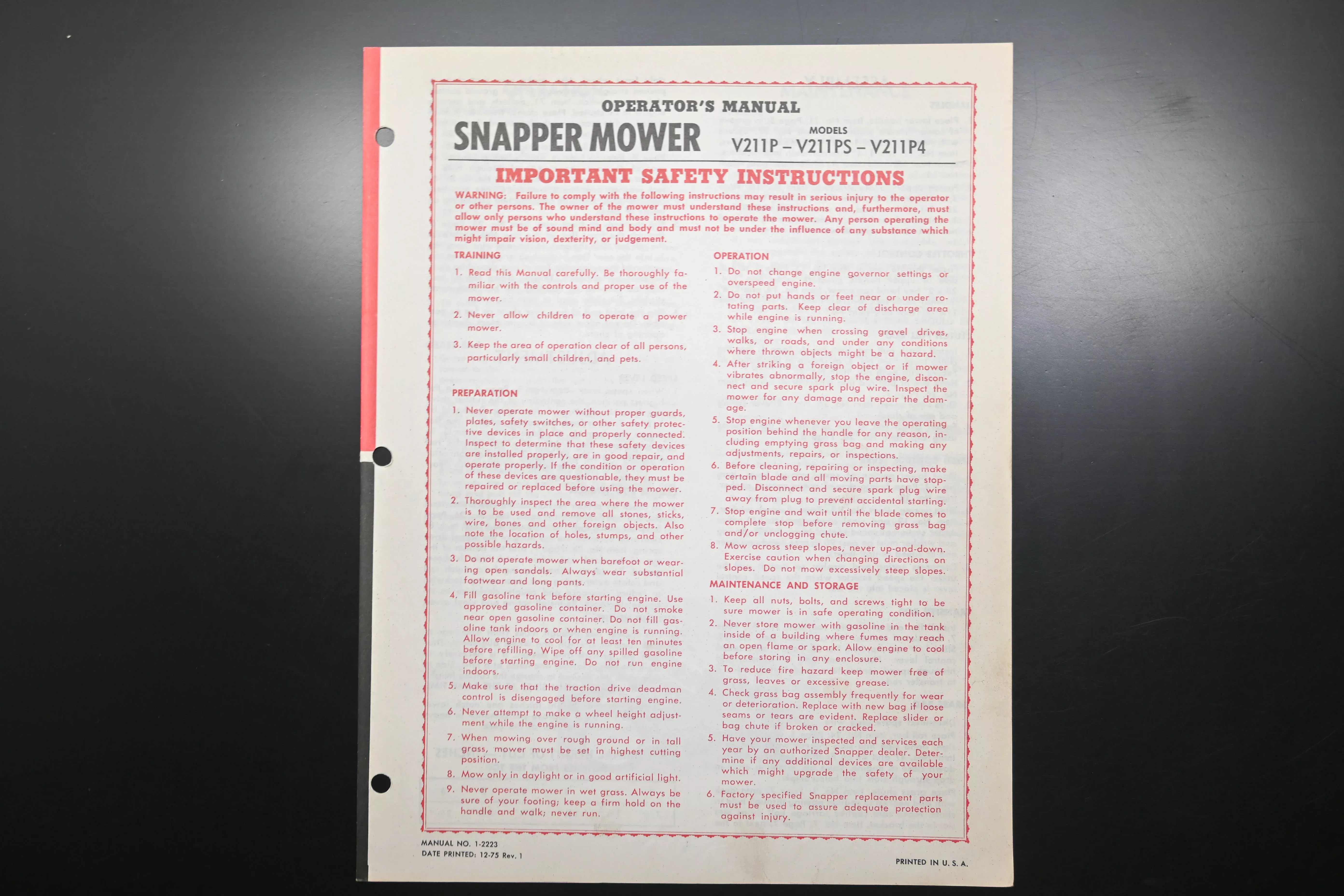 Snapper 1-2223 V211P Lawn Mower Operator's Manual
