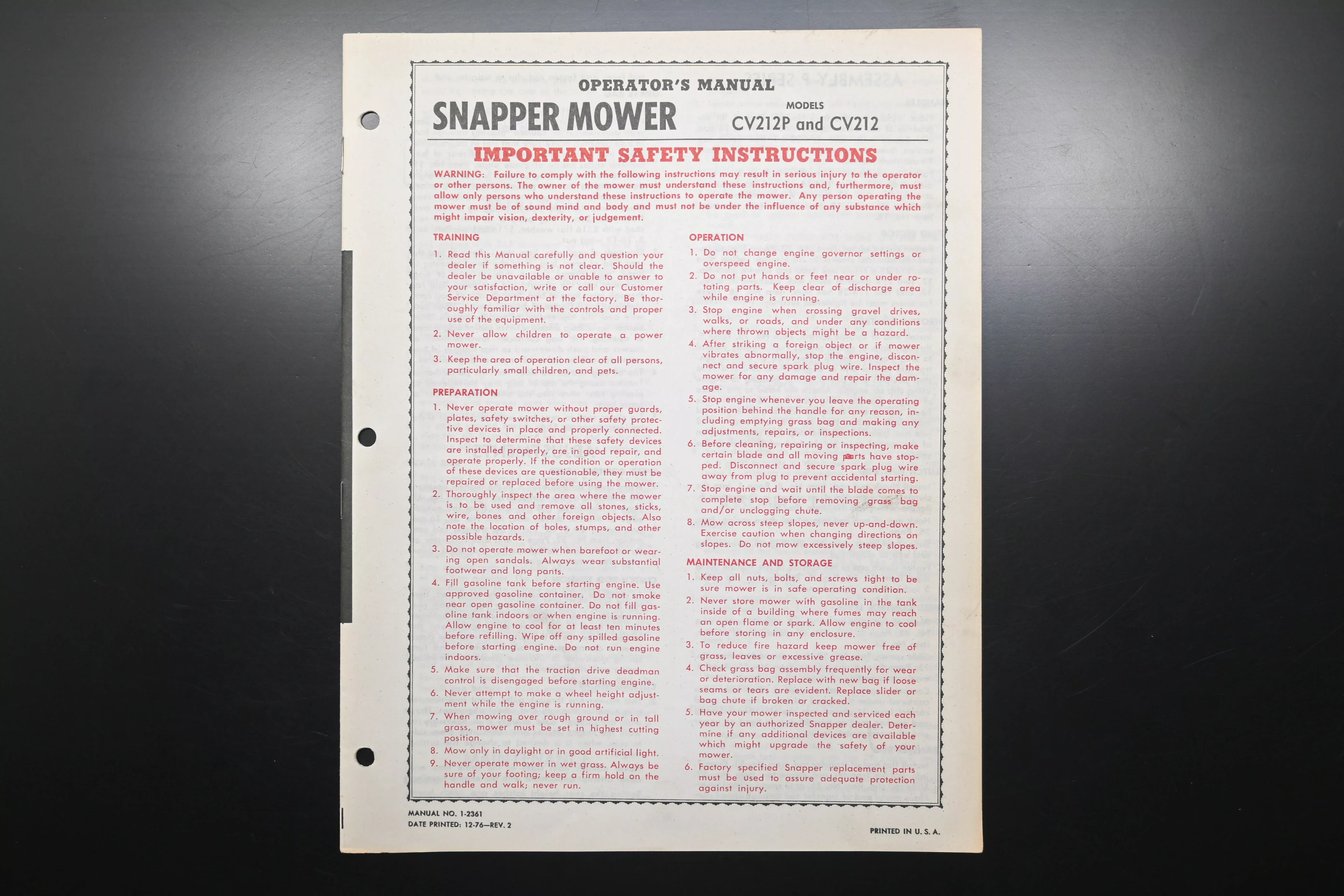 Snapper 1-2361 CV212P & CV212 Lawn Mower Operator's Manual