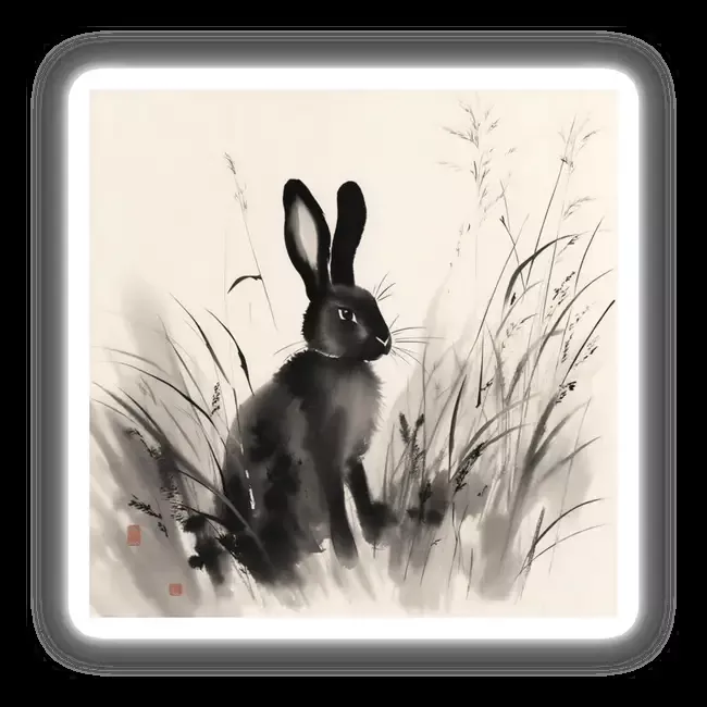 Sumi-e Rabbit Among Wild Grasses Soft Japanese Ink Art