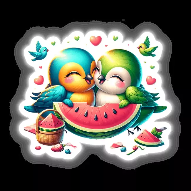 Two Lovebirds Sharing a Watermelon