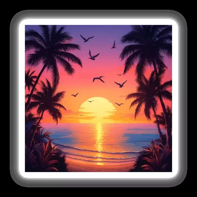 Vibrant Sunset Seagulls Over Tropical Beach
